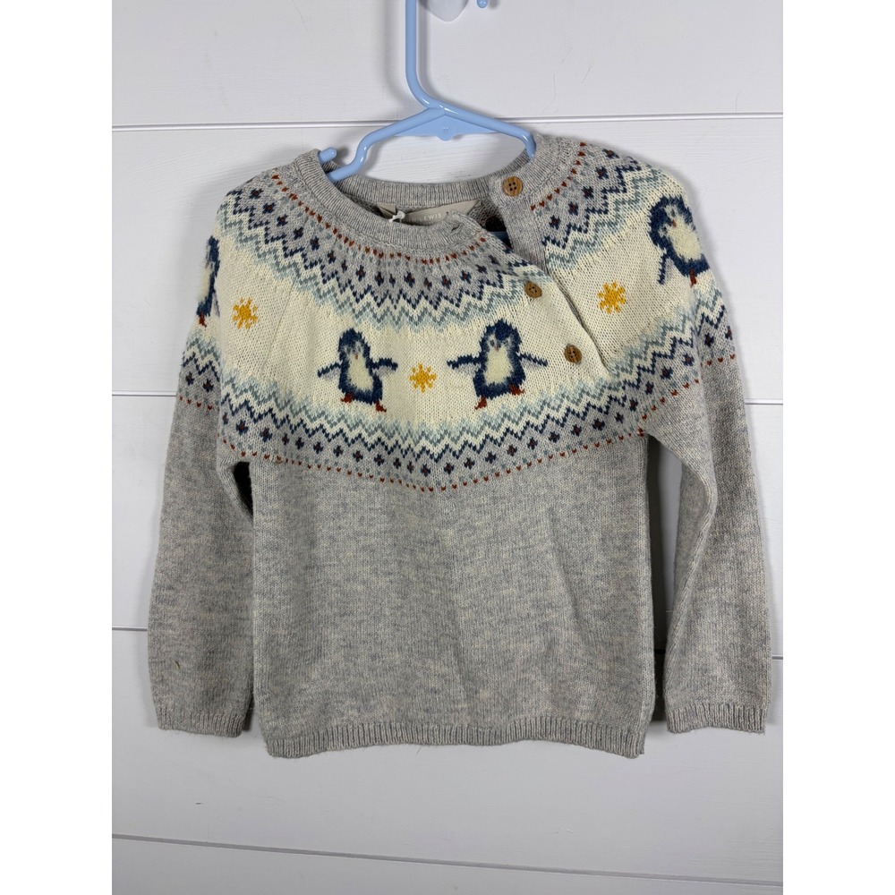 NWT John Lewis Girls Penguin Fair Isle Sweater Gray Cotton Merino Wool 2-3 Yrs